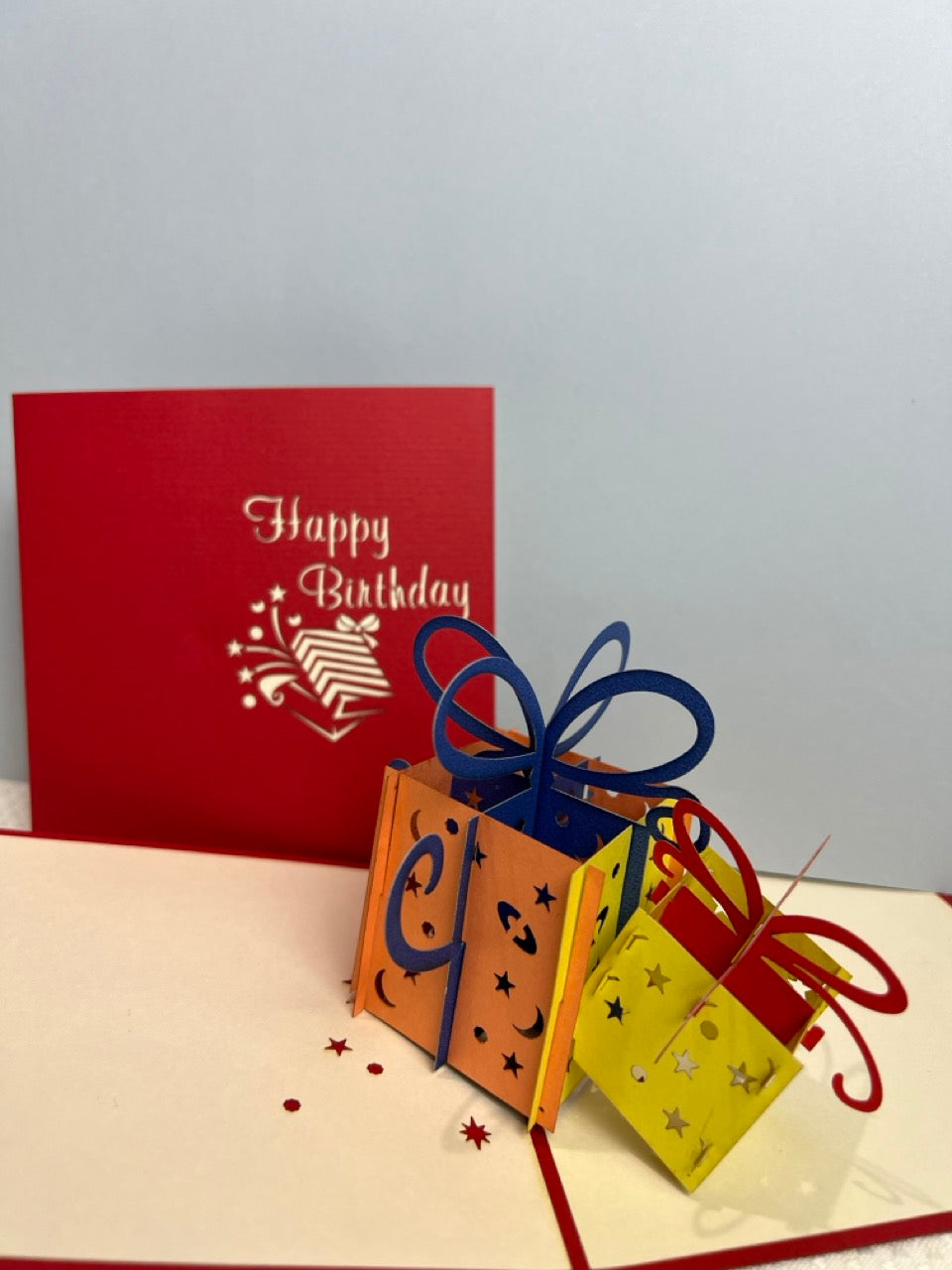The 3D card with two gift boxes inside, suitable to surprise someone on their birthday