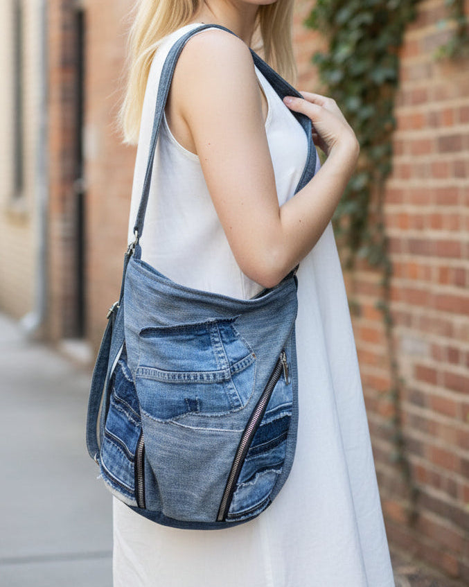 Artisan upcycled denim backpack in soft-shaped for woman in New Zealand