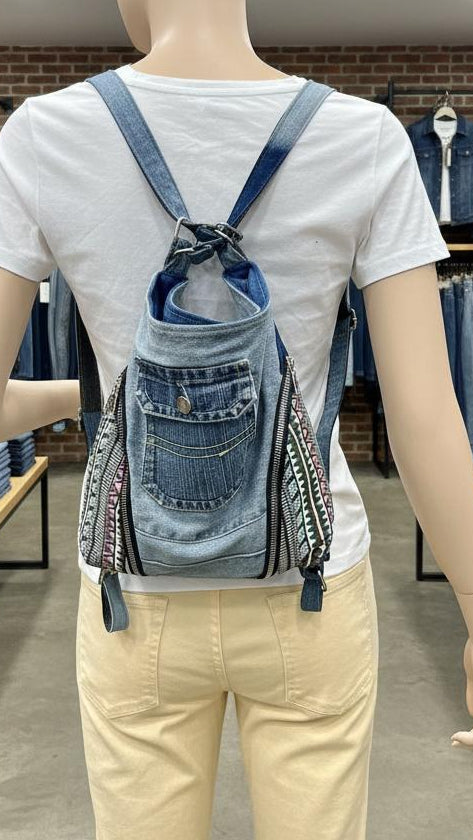 Handmade soft-shape upcycled denim backpack NZ online