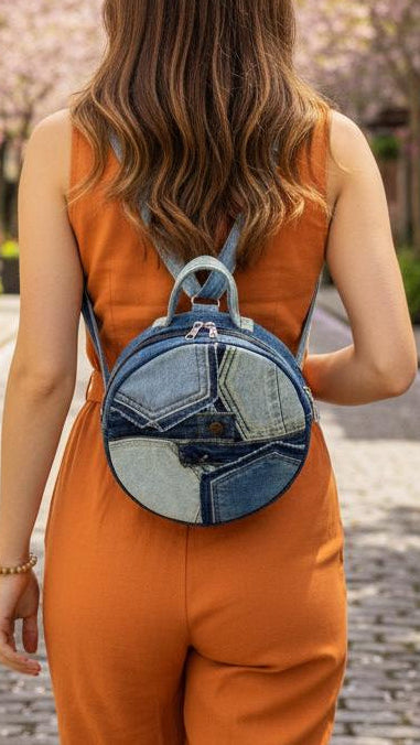 Special handmade drum backpack for woman  made from upcycled denim 4A