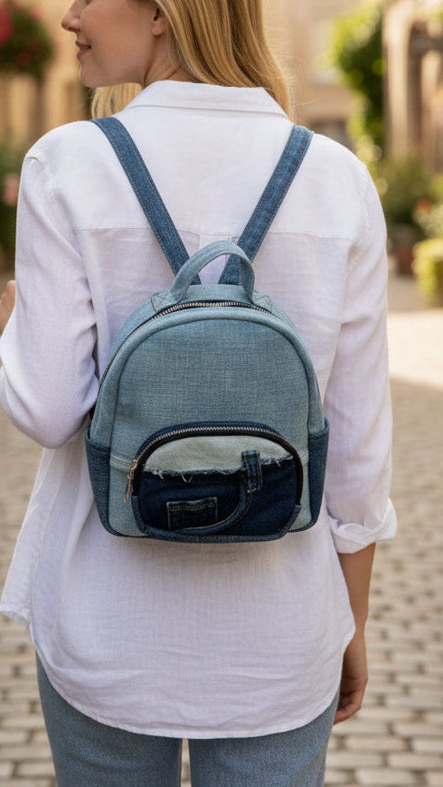 One-of-a-kind mini backpack made from upcycled denim Auckland