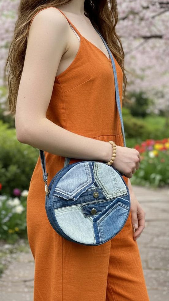 Special drum crossbody bag upcycled denim Auckland