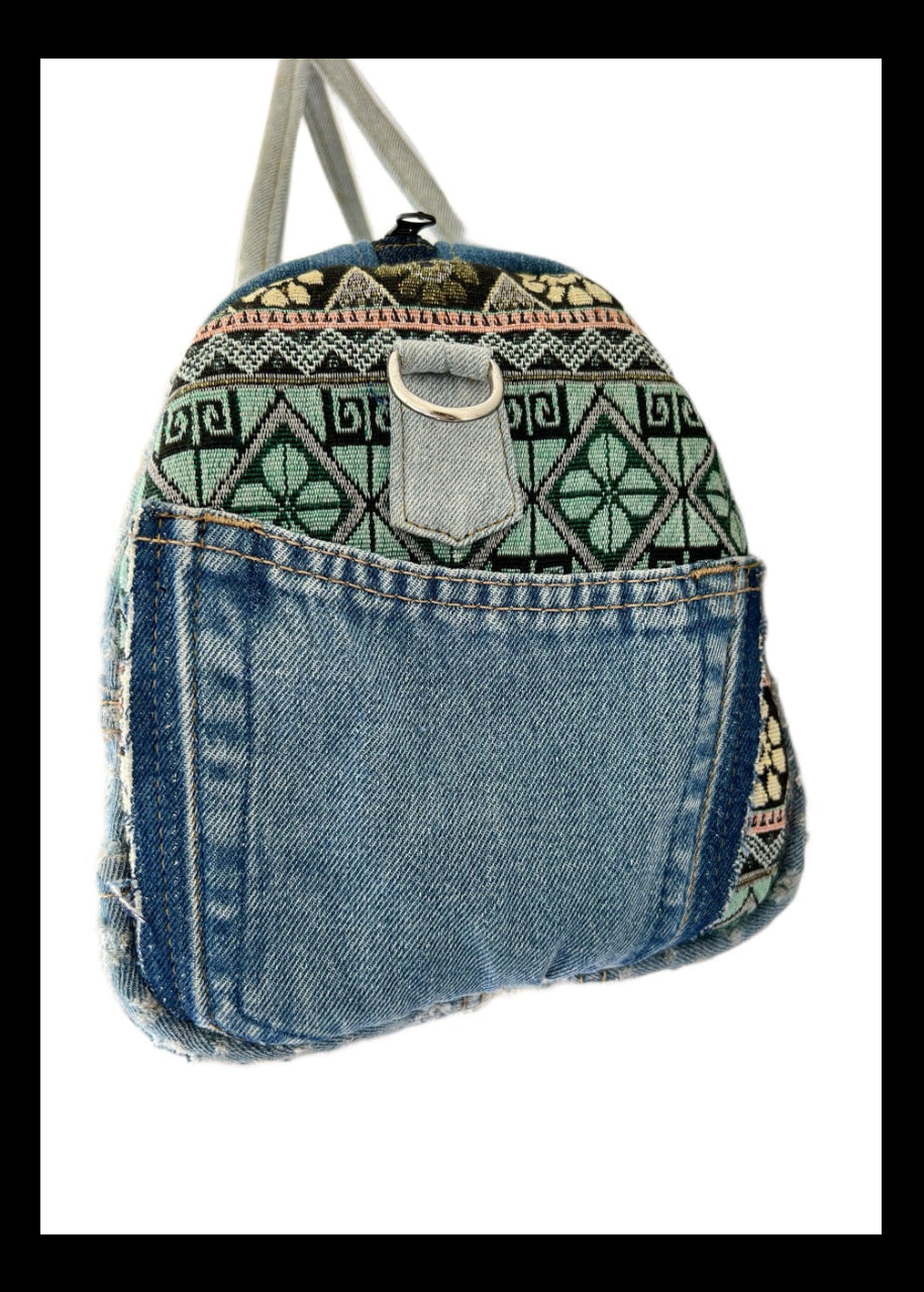 Handmade duffel bag made from upcycled denim with ethnic pattern New Zealand