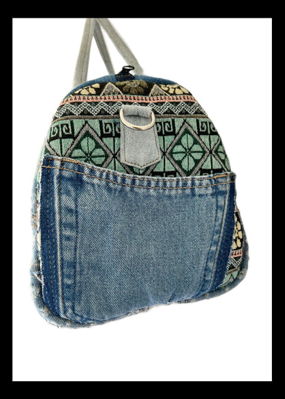 Handmade duffel bag made from upcycled denim with ethnic pattern New Zealand