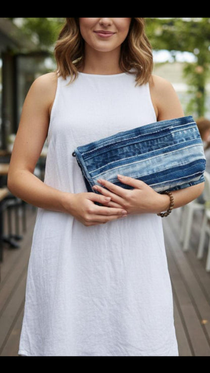 Artisan handbag make from upcycled denim with 4 ways to style