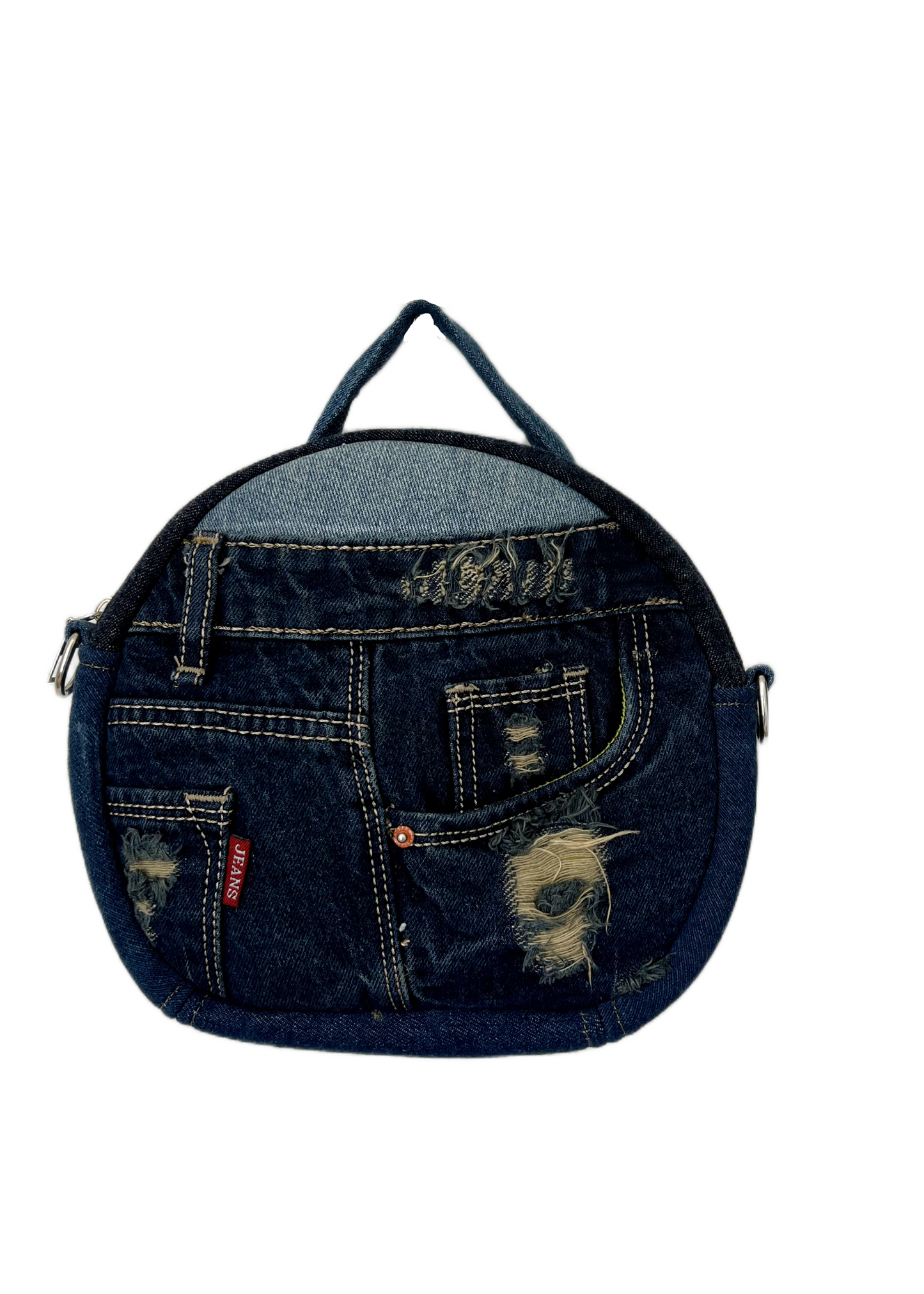 Round handbag features as crossbody bag shoulder bag made from upcycled denim NZ unique gift for her