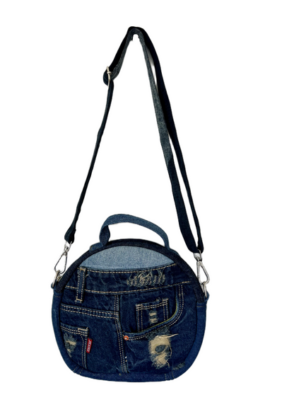 One-of-a-kind upcycled denim round handbag easy to carry and suitable for everyday wear