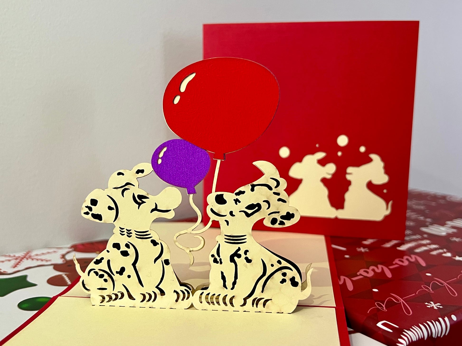 Dogs and Balloons Pop-Up Card - inside and outside