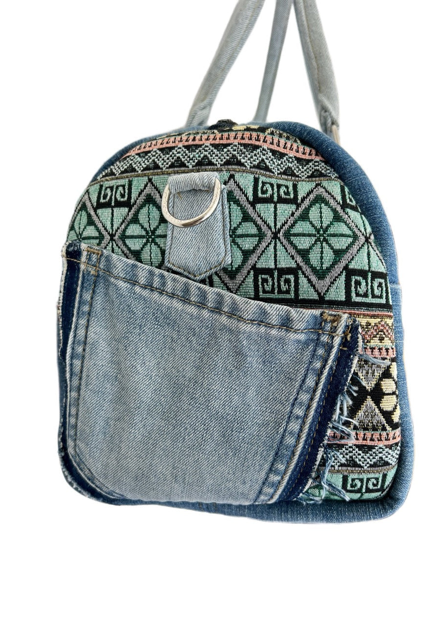 Duffel bag made from upcycled denim with ethnic pattern New Zealand