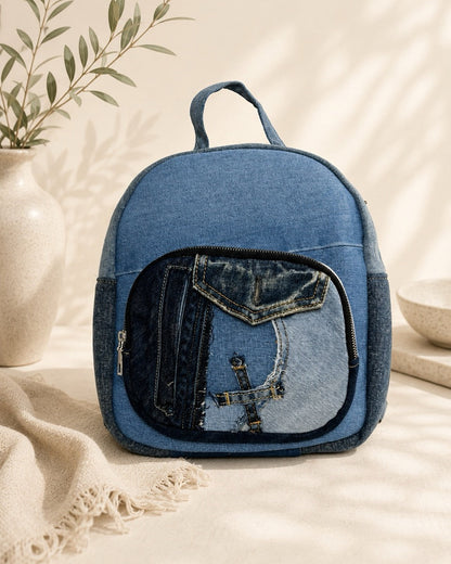 Unique denim backpack with a one-of-a-kind patchwork front pocket- available in Cuty NZ