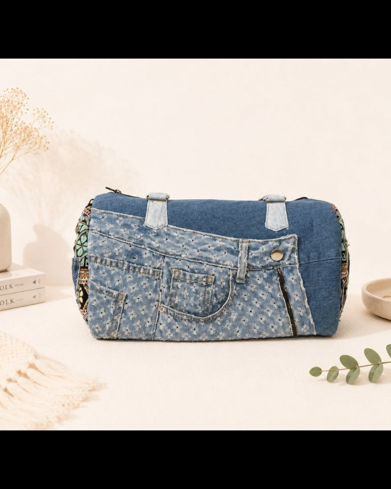 Unique upcycled denim duffel bag - available at Cuty New Zealand