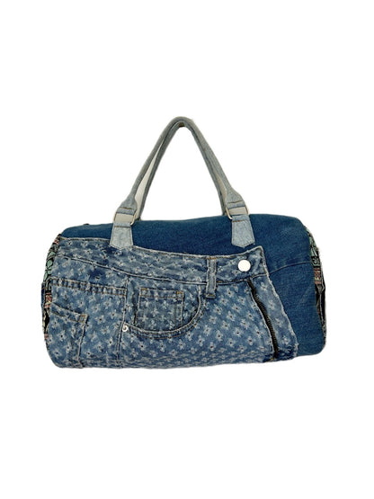 Upcycled denim duffel bag with ethnic pattern NZ