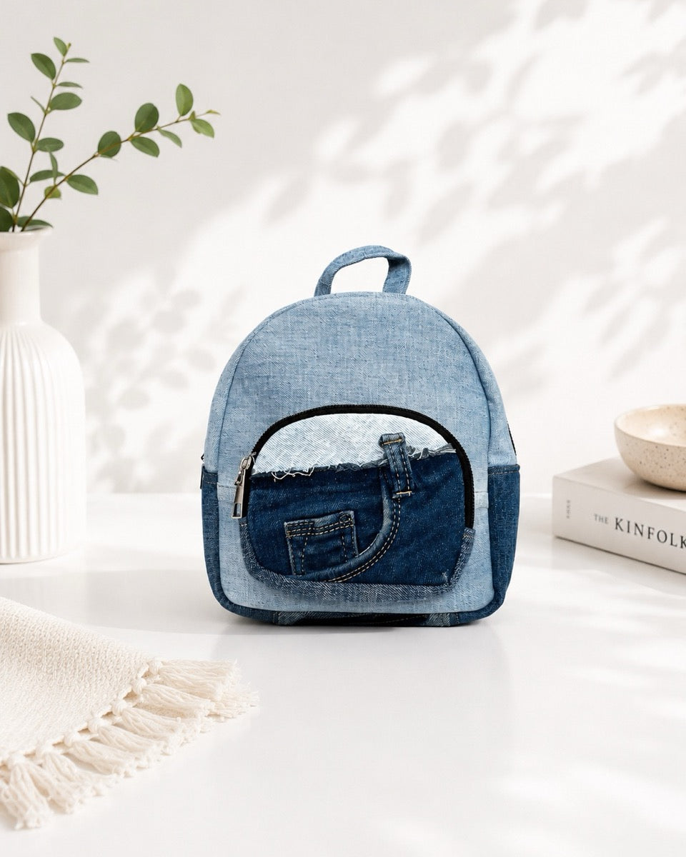 Upcycled denim backpack suitable for everyday use