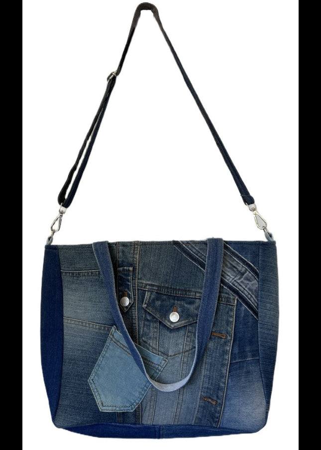 Unique upcycled denim tote bag for women NZ with zip-top