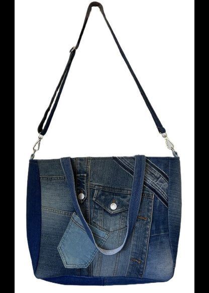 Unique upcycled denim tote bag for women NZ with zip-top