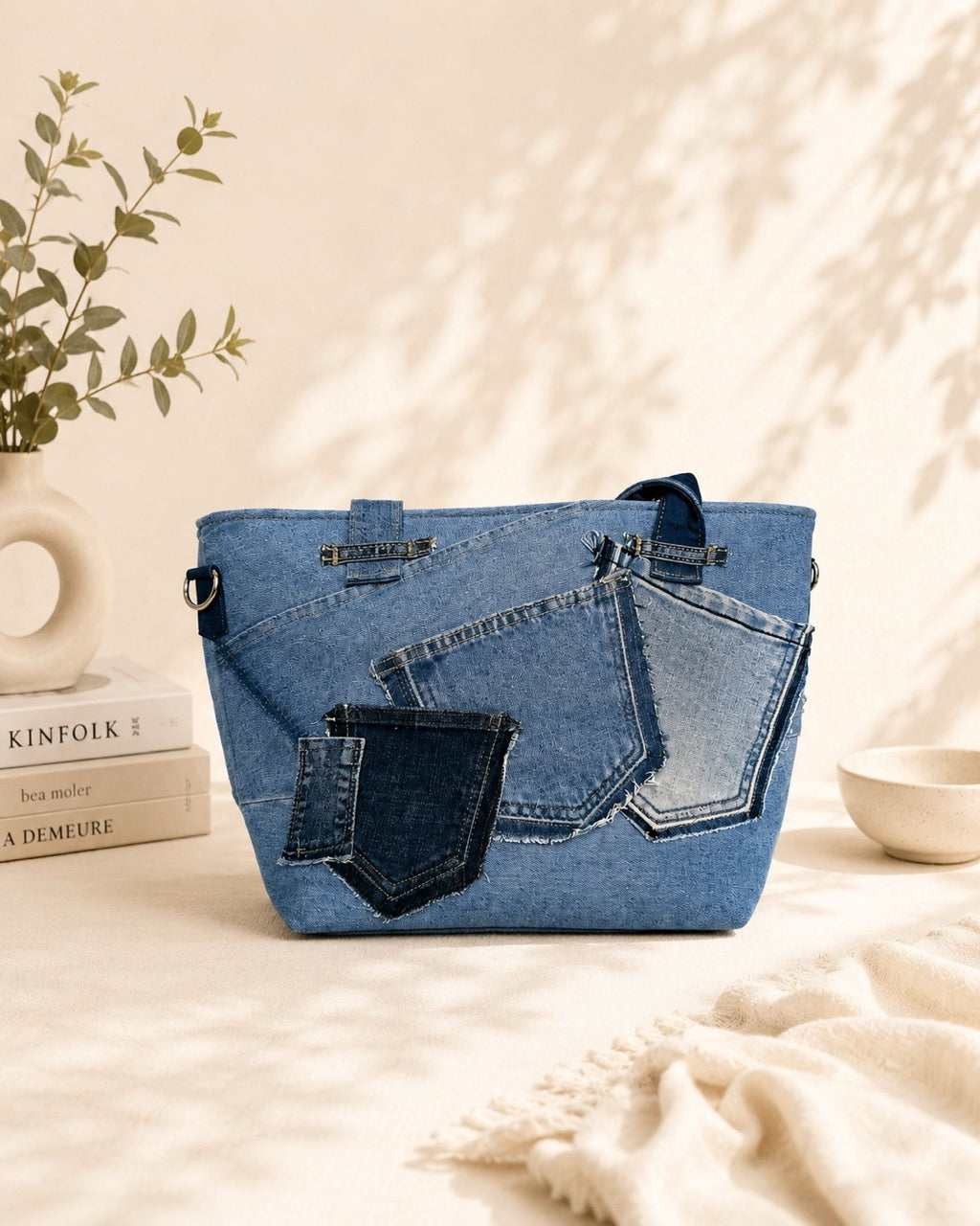 Upcycled denim ziperred medium tote bag, features with a long, detachable and adjustable strap allows to wear as a shoulder bag or as a crossbody bag