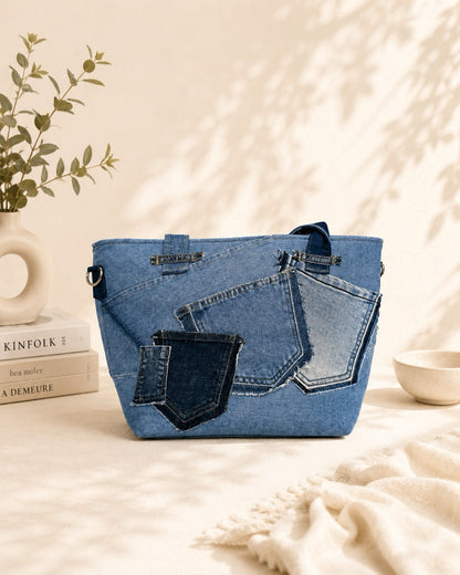 Upcycled denim ziperred medium tote bag, features with a long, detachable and adjustable strap allows to wear as a shoulder bag or as a crossbody bag