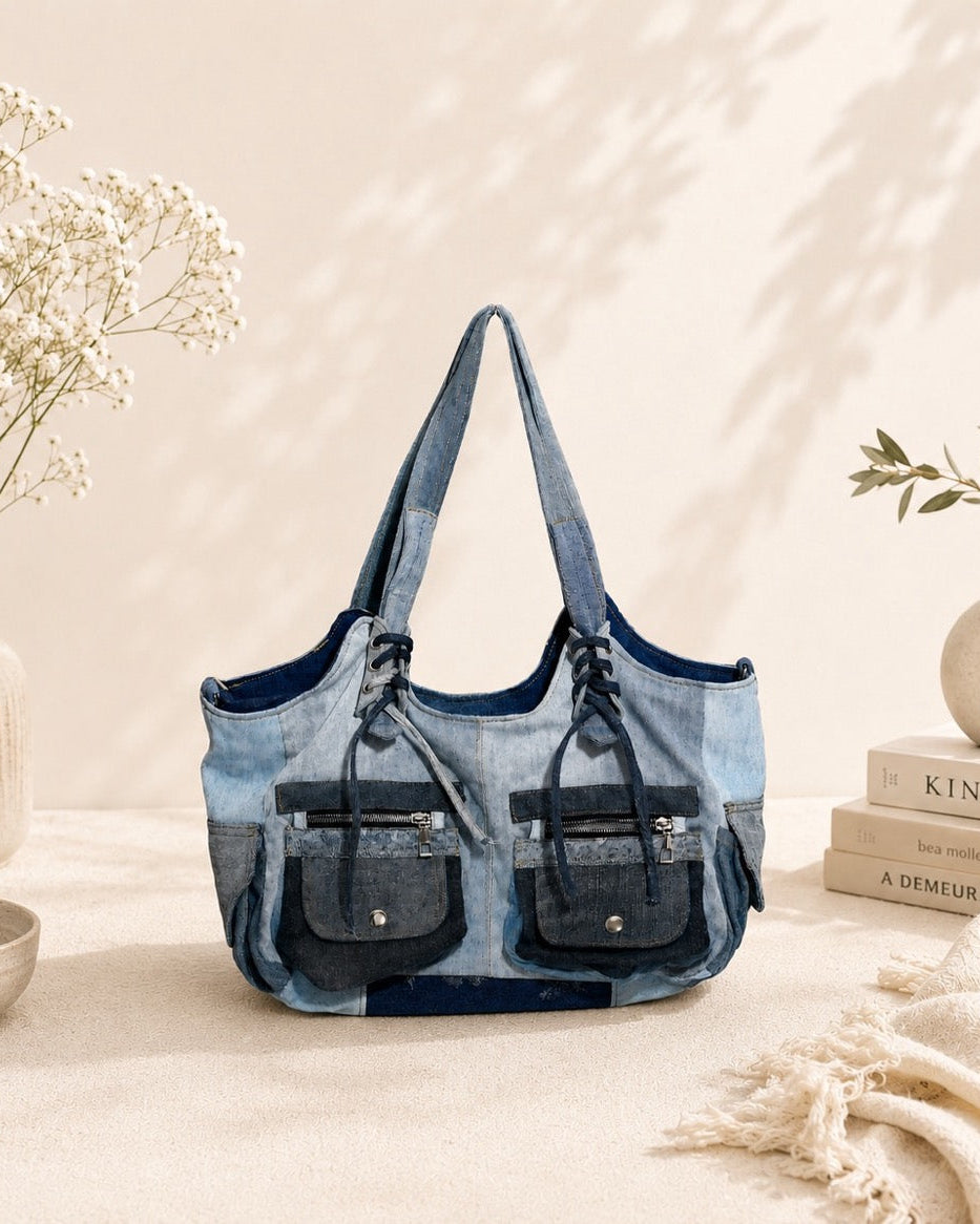 Unique upcycled denim bag with spacious space and 12 pockets in total. Available online at Cuty
