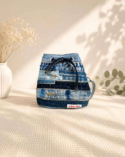 Bucket bag made from preloved denim with 2 strap, 1 short strap and 1 long adjustable allows to wear as shoulder bag or crossbody bag