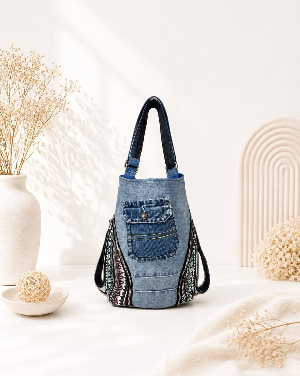 Unique upcycled denim bag with Vietnamese ethnic pattern. Can be wear as a backpack or as a shoulder bag