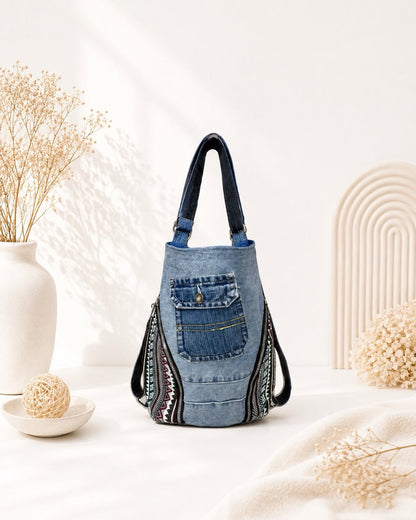 Unique upcycled denim bag with Vietnamese ethnic pattern. Can be wear as a backpack or as a shoulder bag