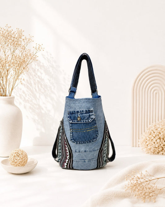 Unique upcycled denim bag with Vietnamese ethnic pattern. Can be wear as a backpack or as a shoulder bag