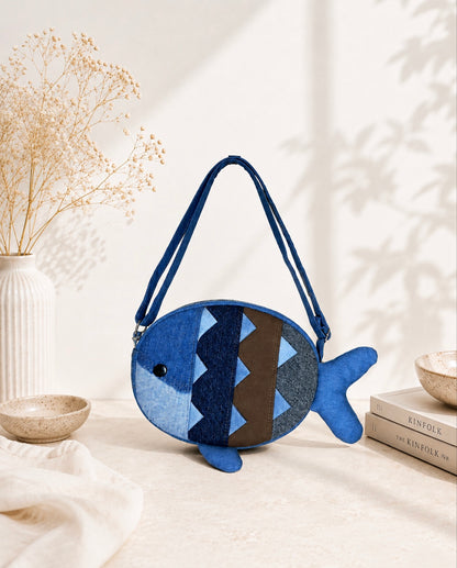 Fish-shaped crossbody bag made from upcycled denim
