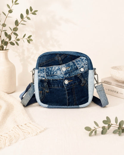 Unique upcycled square denim bag - available online within NZ