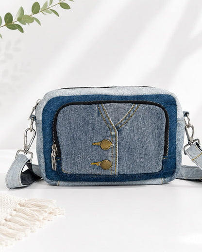 Handcrafted upcycled denim bag with special details