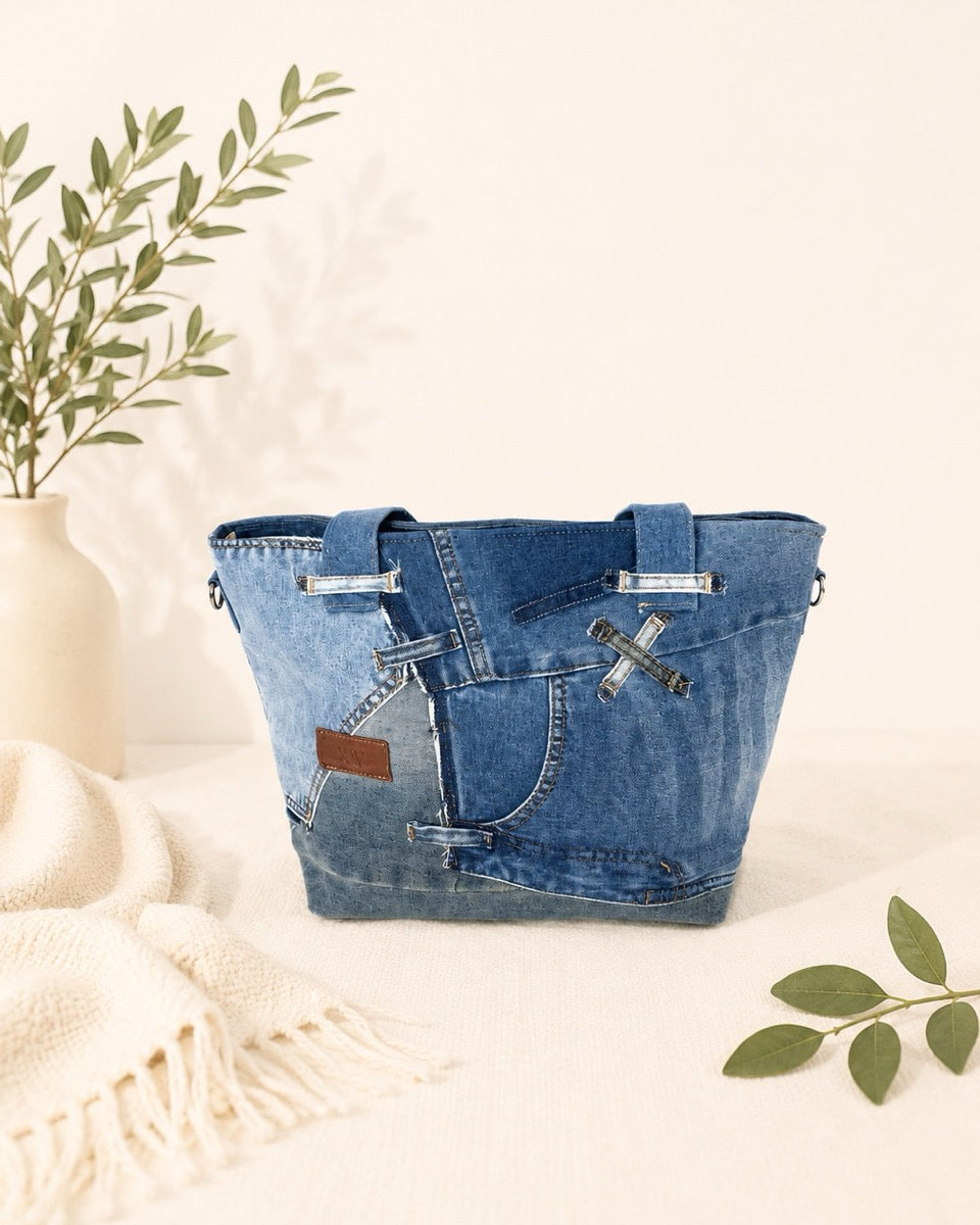 Medium upcycled denim tote bag with zip