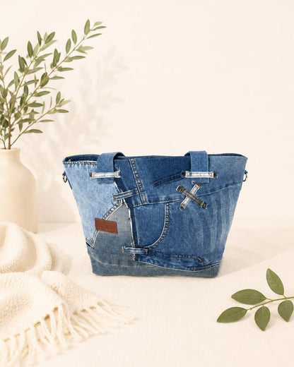 Medium upcycled denim tote bag with zip