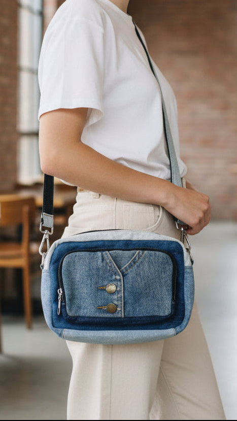 One-of-a-kind rectangular upcycled denim crossbody bag 5C Online New Zealand