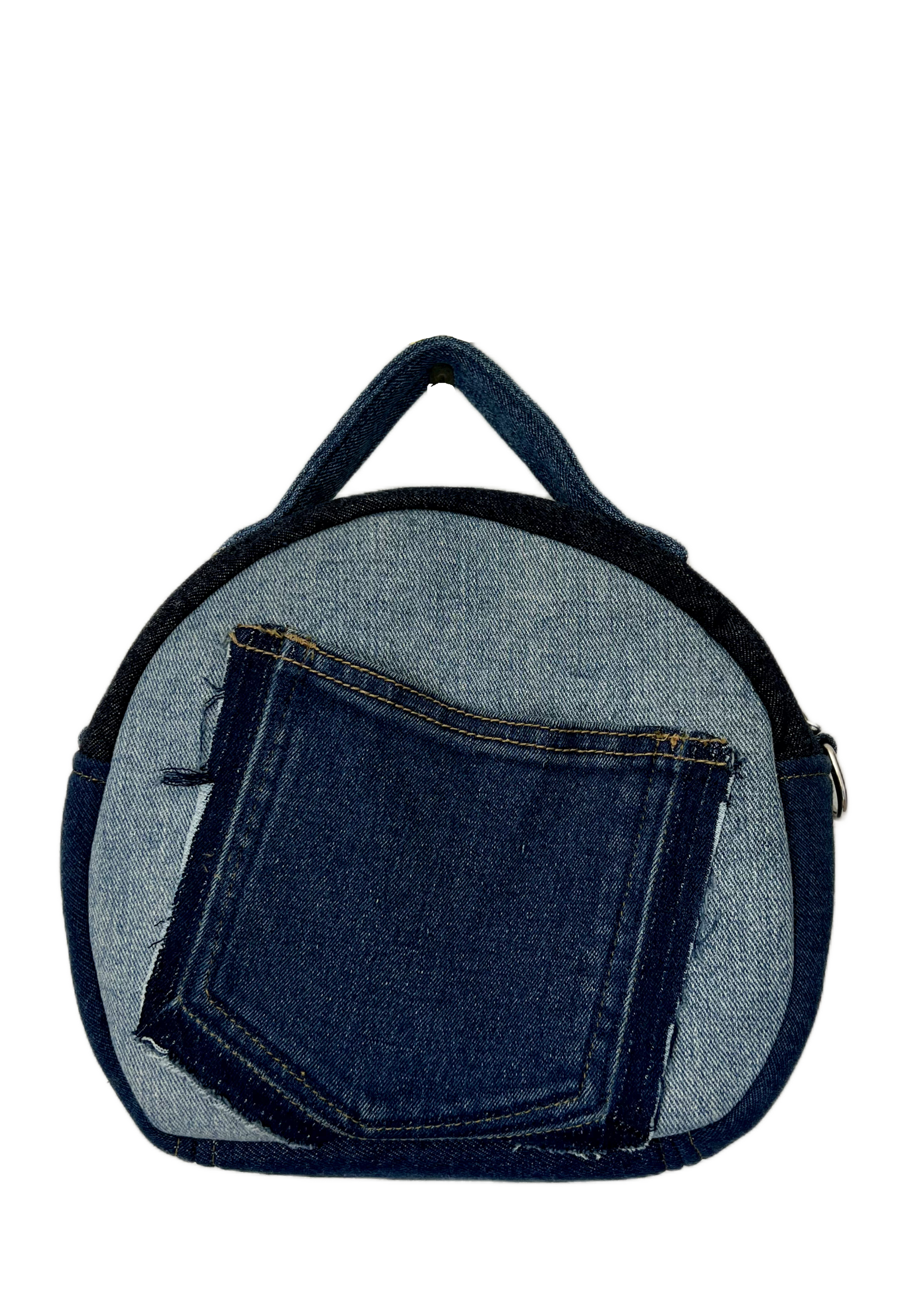handmade round bag for ladies in Auckland made from upcycled denim 