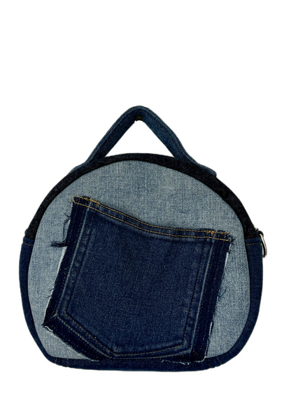 handmade round bag for ladies in Auckland made from upcycled denim 