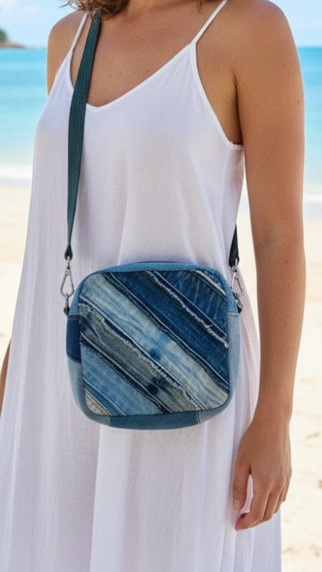 Handmade upcycled denim square bag 8A online Auckland unisex