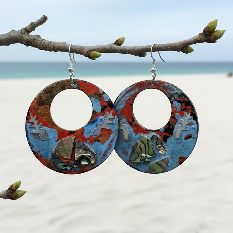 Unique handcrafted earrings made from coconut shell, seashell, and mother-of-pearl. Available online in New Zealand
