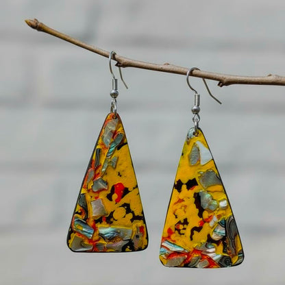 Strong and bold triangular lacquer earrings made from coconut shell. Available online in New Zealand