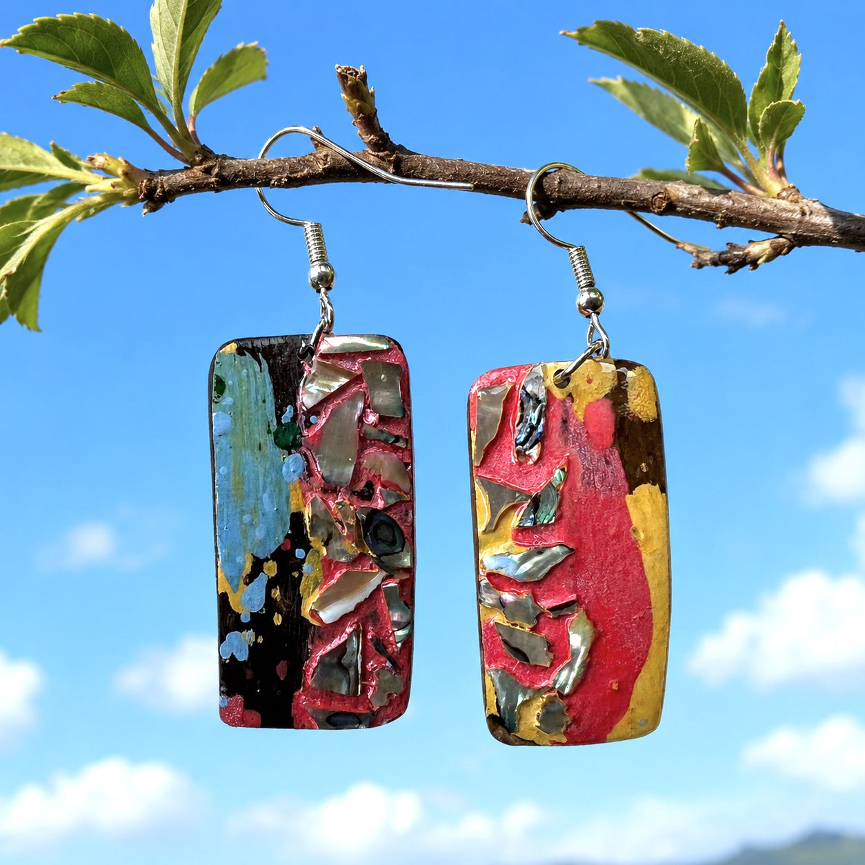 Unique handcrafted earrings made from coconut shell and seashell
