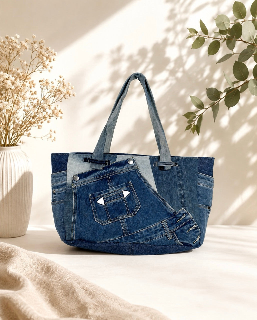 Unique upcycled denim zippered tote bag, suitable for everyday use 