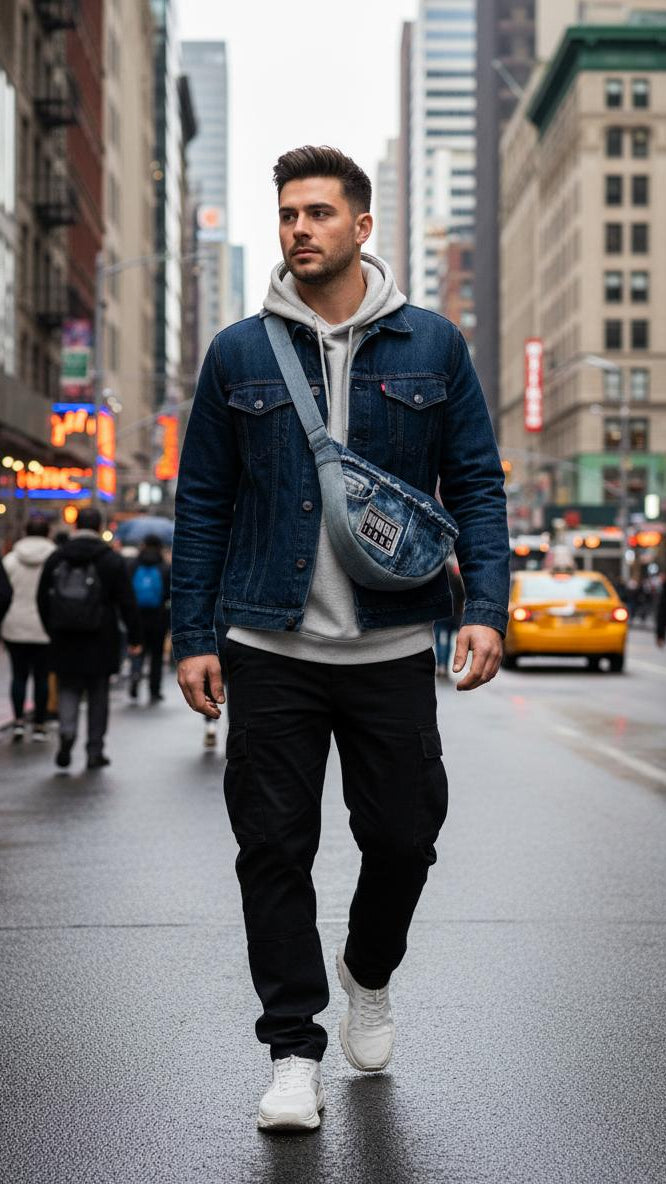 one-of-a-kind denim bum bag for men handcrafted from upcycled denim 