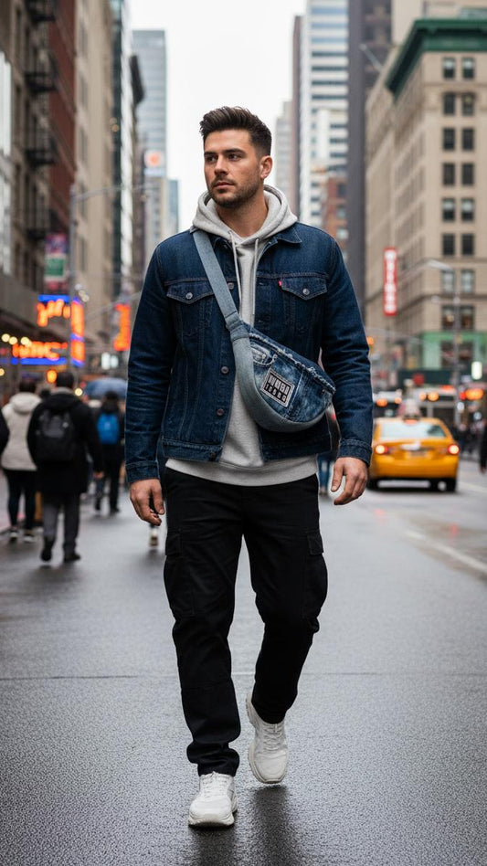 one-of-a-kind denim bum bag for men handcrafted from upcycled denim 