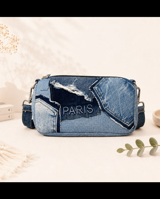 Handmade upcycled denim bag with detachable strap, can wear as shoulder bag or a handbag
