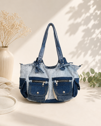 Handcrafted upcycled denim bags with 6 pockets inside and 6 pockets outside