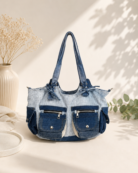 Handcrafted upcycled denim bags with 6 pockets inside and 6 pockets outside