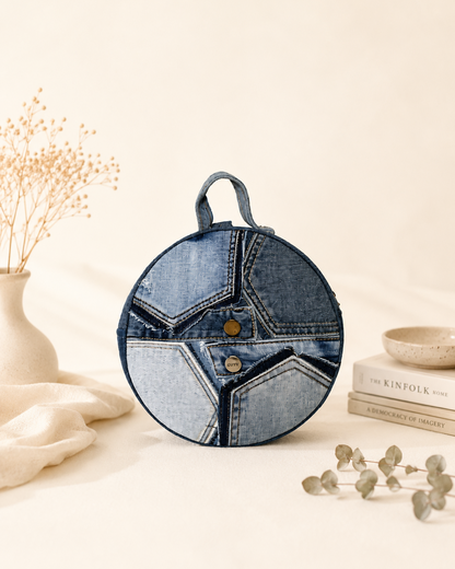 Handcrafted upcycled denim backpack with three ways to wear available in Auckland
