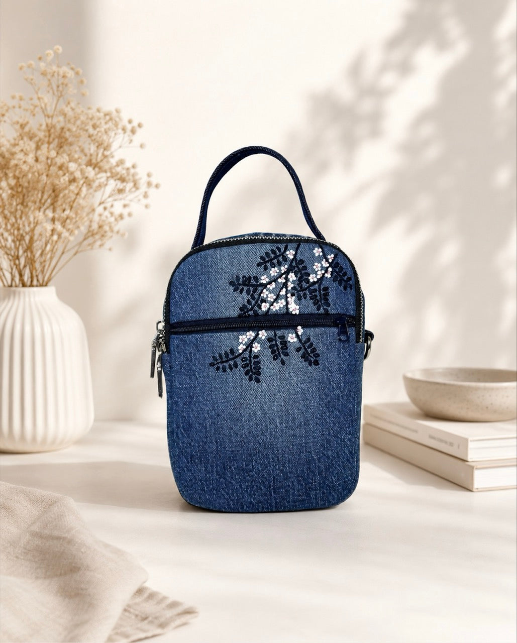 Hand-embroidered Mini Top-handle Bag