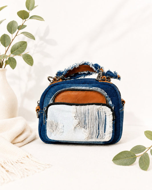 Handcrafted denim bag made from preloved denim and leather