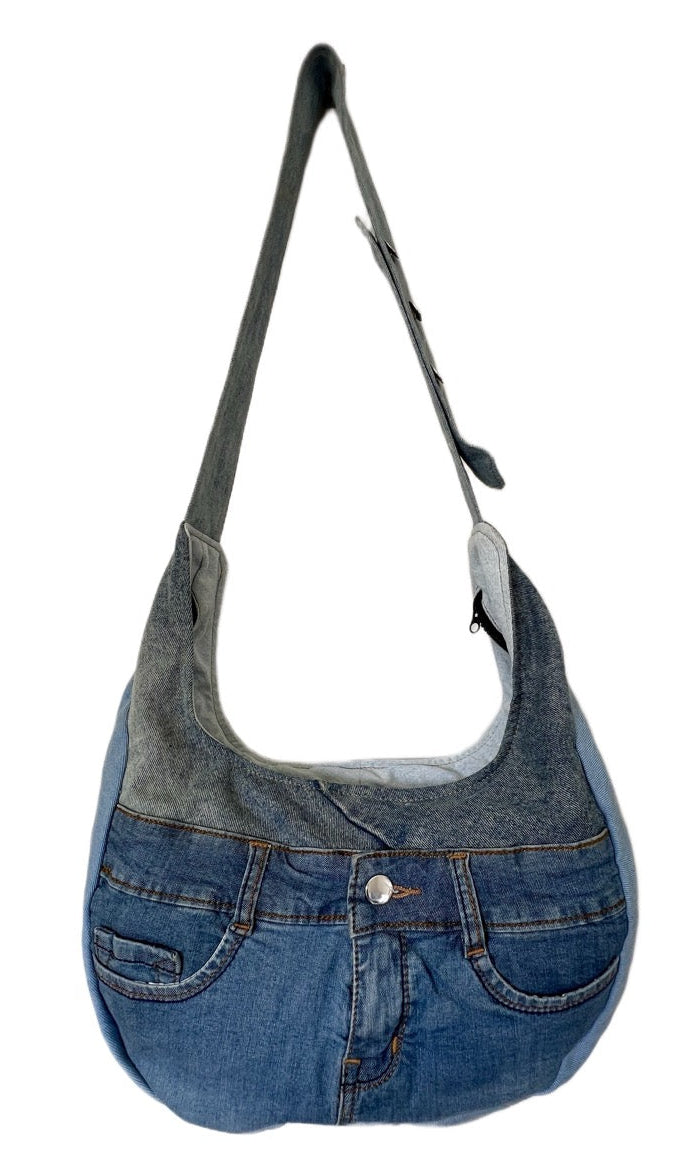 Hobo bag with adjusted button - upcycled denim bag online Auckland 