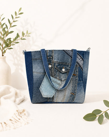 Big tote bag with zip made from preloved denim. Available online at Cuty