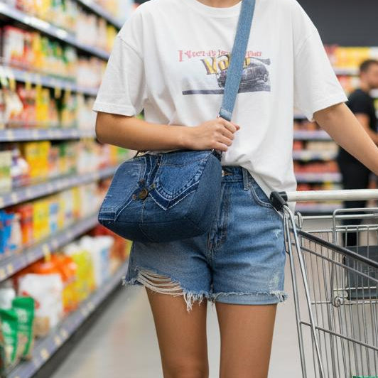 One-of-a-kind denim shoulder bag